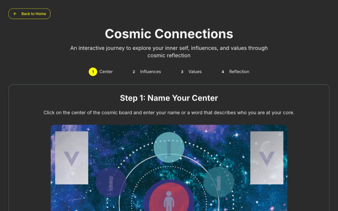 The Cosmic Reflections game, titled Cosmic Connections on screen